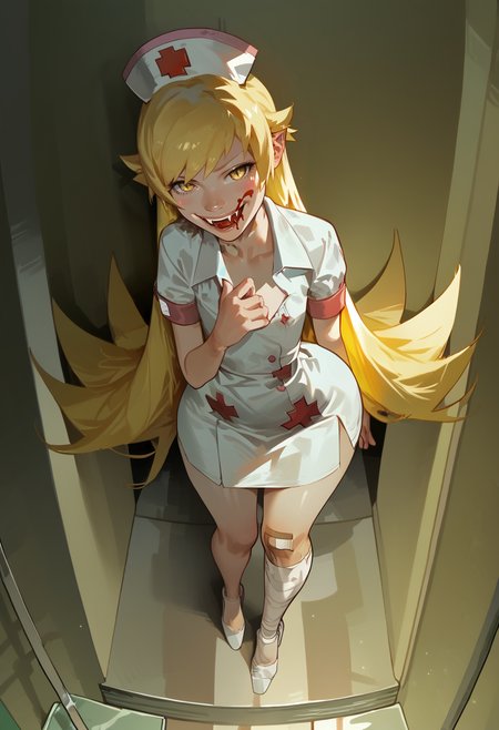 score_9, score_8_up, score_7_up, score_6_up, aesthetic , (1girl), (solo), Oshino_Shinobu, yellow_eyes, blonde_hair, long_hair, flat_chest, pointy_ears, blush_stickers, huge ass, thick thighs , wide hips , (big lips:0.7), nurse outfit, nurse cap, hospital, night, bandaged arm, bandaged leg, bandaid on cheek, blood on a floor, looking at viewer , short sleeves, very long hair, standing, dynamic angle, blushing, bloody mouth, blood on face, blood on clothes,  smiling, fangs, vampire fangs,
<lora:Expressive_H:1>, <lora:incase-ilff-v3-4:0.3>, <lora:saigalisk_pd:0.8> <lora:add-detail-xl:0.3>  <lora:Shinobu_Pony:1> <lora:Blood_-_Bloody_Hands__Mouth__Breasts:0.5>