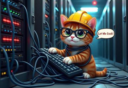 realistic picture of a cute kitty with security glasses and a yellow hard safety hat looking into the camera wrapped in network cables and a holding a large pc keyboard in his paws hitting a server rack, sitting atop a pile of wires plugged to servers and a mess of wires hanging in a web the emtire room, inside a datacenter server room with red, yellow and green led lights blinking in the server racks in the background and alert red light on the ceiling, a cartoon text bubble floating beside the kitty with the text "Let Me Cook!"