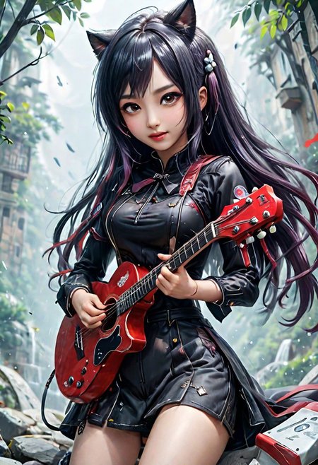 masterpiece, best quality, official art, extremely detailed CG unified 8k wallpaper, absurd, 8k resolution, exquisite facial features, perfect face, shiny skin, girl, (masterpiece), (best quality), (Super detailed), (Full body: 1.2), 1 girl, chibi, cute, smiling, open mouth, outdoors, playing guitar, music, holding guitar, scarf, bare one shoulder, gothic style, blushing ,,shirt,cherry blossoms,headwear,blush stickers,,bangs,earphones,,pink flowers,(beautiful and delicate face),(beautiful and delicate eyes),