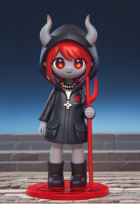 score_9, score_8_up, score_7_up, BREAK
highres, highly detailed, high resolution, high quality, 
source_anime, anime screencap, saturation, vivid colors, 
1girl, solo, luce, full body, standing, demon girl,
(dark red hair:1.2), (big dark red eyes:1.1), medium hair, cute, (grey skin:1.1), (horns:1.2), 
(black raincoat:1.1), hood, black rubber boots, 
pentagram necklace, holding one red trident, (red trident:1.2)
stkyswt,
In the style of TOK,
DSP, artist:DSP, mogeko,
pikaole,
blurry background, bokeh, city ruins background, street, dust, 
(outlines:1.2),
