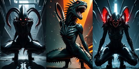 (otherworldly), highly insanely detailed, masterpiece, top quality, best quality, highres, 4k, 8k, RAW photo, (very aesthetic, beautiful and aesthetic), 
__lazy-wildcards/cosplay-char/alien-predator/xenomorph/prompts__, 
<lora:FemXeno:0.3>, 
(1girl:1.3), eyes focus, 
__lazy-wildcards/dataset/background__,âââ