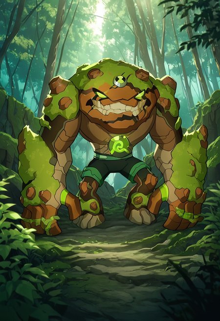 masterpiece, best quality, amazing quality, very aesthetic, absurdres, newest,, detailed background, 
 movie scene, cinematic scene, cinematic, 
gravitack, crooked teeth, 1boy, armor, monster, green eyes, solo, massive arms, big hands,
moss growing, dynamic pose, moss growing on skin, vegetation, stone skin, in forest, jungle, behind trees, smile, green veins,  brown skin
