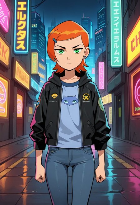 masterpiece, best quality, amazing quality,
1girl, solo,
Gwendolyn Tennyson, (green eyes:1.2),
Serious, 
Jeans, Black Letter Jacket, 
Cyberpunk, Cyberpunk City, Neon Lights,