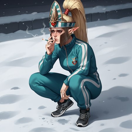 score_9, score_8_up, score_7_up, source_cartoon, rating_safe,
hat, helmet, heart motif, bridal gauntlets, elf,
tracksuit, squatting, vodka bottle, cigarette, depressed, snowy street,
Alarielle, 
 <lora:Alarielle_PonyXL:1>