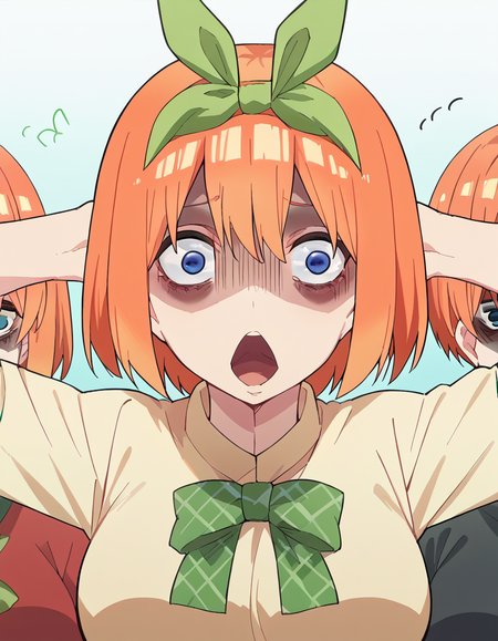 score_9, score_8_up, score_7_up, source_anime, <lora:yotsuba-nakano-s2-ponyxl-lora-nochekaiser:1>, yotsuba nakano, bangs, short hair, blue eyes, hair between eyes, hair ribbon, hairband, orange hair, green ribbon, large breasts,, <lora:shocked-black-guy-ponyxl-lora-nochekaiser:1> shocked black guy, open mouth, looking at viewer, hands behind head, shaded face,, , ,