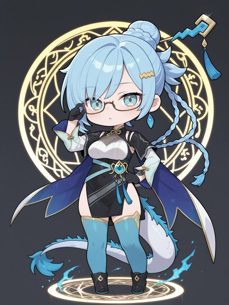 dragon tale fymena,1girl,solo,full body,looking at viewer,chibi,single hair bun,hand on hip,standing,simple background,parted lips,medium breasts,hand up,dragon girl,blue hairpin,yellow hairclip,black under-rim eyewear,black capelet,black china dress,cyan detached sleeves,black gloves,multicolored cape,cyan thighhighs,black high heel boots,adjusting eyewear,single blue earring,magic circle,
masterpiece,best quality,amazing quality,very aesthetic,absurdres,newest,<lora:Dragon Tale Fymena illuXL v1.31:0.76>,