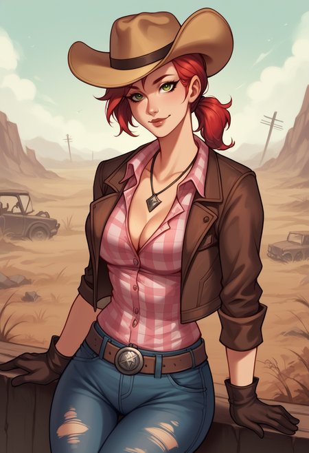 score_9, score_8_up, score_8, score_7_up, 1girl, solo, dynamic angle, looking at viewer, light smile, outdoors, wasteland, lips,
<lora:rose_of_sharon_cassidy:0.7> red hair, medium hair, sidelocks, ponytail, green eyes, cowboy hat, necklace, cleavage, pink shirt, checkered shirt, belt, torn jeans, gloves, brown jacket,
<lora:Enia_-_Artist_style_model_by_SulfurSniffer-000005:0.7> ss-3n1a,