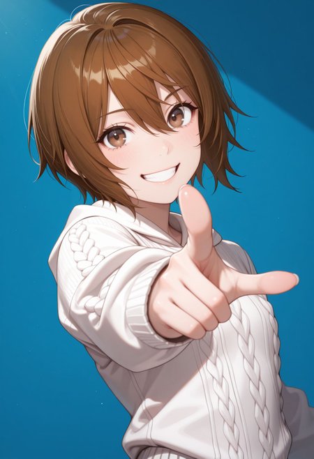 masterpiece,best quality,absurdres,highres,very aesthetic,high quality,detailed,insanely detailed,beautiful,perfect lighting, looking at viewer, smile, grin,
, pointing at viewer, , open mouth, looking at viewer, smile, hair between eyes,, blue background,, upper body
 <lora:Kinuhata Saia illu:1> 1girl, short hair, brown hair, brown eyes, white sweater, aran sweater, white mini skirt,