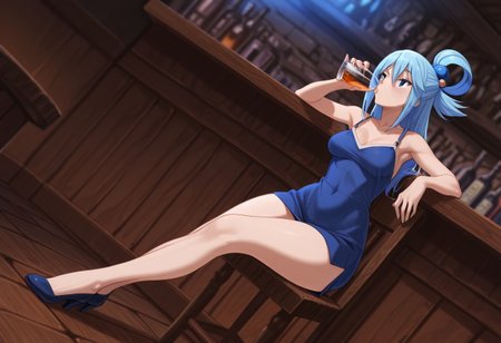 Score 9, Score 8, Score 7, Masterpiece, Superior Quality, Amazing Quality, Masterpiece, Maximum Quality, Ultra-detailed, Dynamic Angle, Dynamic Composition, Alone, White Frame, Maximum Contrast, Saturated Color, Bright Colors, Dynamic Lighting, alone, 20 years old, female body,
1 girl, Medium Shot, Full Body, Slim Body, 
Aqua_(Konosuba)
Inside a bar, tavern,
sitting at the bar, drinking liquor, blue dress, medium breasts, wide hips, slim,