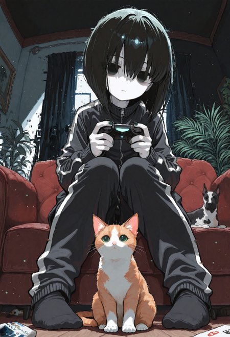 masterpiece,  best quality, good quality, very awa,  very aesthetic, absurdres, newest, 8k, HDR, focused subject, oc-chan_(ketopon), 1girl, solo, black hair, bob cut, hair between eyes, black eyes, solid eyes, expressionless, pale skin, black tack jacket, track pants, no shoes, socks, sitting, on couch, pigeon toed, leg support, holding, game controller, nail polish, modern interior, closed curtains, decorative plant, living room,  from below, perspective, screen light, screen out of frame, low light, film grain, dark room, shadows,  animal, ginger cat with green eyes, black dog, Great Dane, indoors, glitch, (glitch art), pixel art, fisheye, intricate, no lineart, no outline,15546+456868,mhh