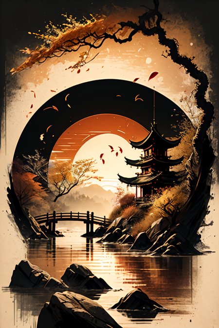<lora:Calligraphy-ink-style-darquelilly-v1:1> calligraphyinkstyle, dawn, evening sky, autumn, volumetric lighting, sunset reflected in the water, black background, peaceful atmosphere, detail colour is rust red, an autumn cherry blossom tree with orange and yellow petals, orange petals on the ground, petals falling down