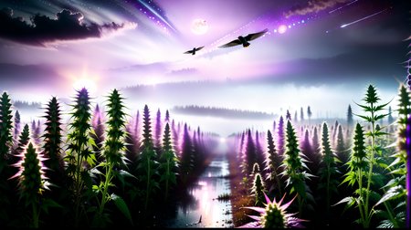 nsfw, Raw poster, concept art, landscape, psychedelic, a field of hemp plants "Purble Haze", the whole plant is flowering in violet colours and has grown very bushy  whit large buds, foggy, random weather, random daytime,  (love:1.3), (spring saeson:1.3), entropy, (mini insect:1.3), shallow depth of field detailed background, sunshaft, surreal, dark noir style, HDR, RAW, ray tracing reflections, sharp focus, ultra realistic, 12k
 <lora:EDG_-_Test_Lora:0.3> <lora:more_details:0.3> <lora:SDXLHighDetail_v5:0.8>, Hyperrealistic art masterpiece Raw poster, extreme wide angle, concept art,(in space:2), shallow depth of field in extremely detailed background, transparent color vinyl holographic, chromatic aberration, landscape, psychedelic, full moon night, rain, extreme stormy weather, birds, dark noir style, HDR, RAW, ray tracing reflections, sharp focus, ultra realistic, 12k, detailed, lifelike, precise, vibrant, absurdres, extremely high-resolution details, photographic, realism pushed to extreme, fine texture, incredibly lifelike <lora:SDXLHighDetail_v5:0.8> <lora:Enhanced_XL_V1:0.1> enhanced,
