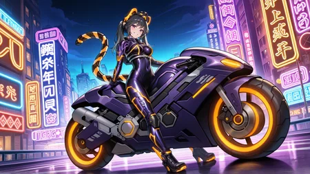 (high quality:1.1), detailed face, i:p_masquerena, alternate_outfit, 1girl, solo, long hair, looking at viewer, smile, black hair, twintails, gloves, animal ears, medium breasts, purple eyes, mechanical tail, full body, grey hair, grin, multicolored bodysuit, night, ground vehicle, skin tight, shiny clothes, city, purple bodysuit, tiger ears, tiger tail, purple motorcycle, city lights, year of the tiger, neon lights, on motorcycle, highway, neon trim, purple elbow gloves, two-tone headgear, black high heels, knee pads, tiger headgear <lora:ip_masquerena_final-05:1>