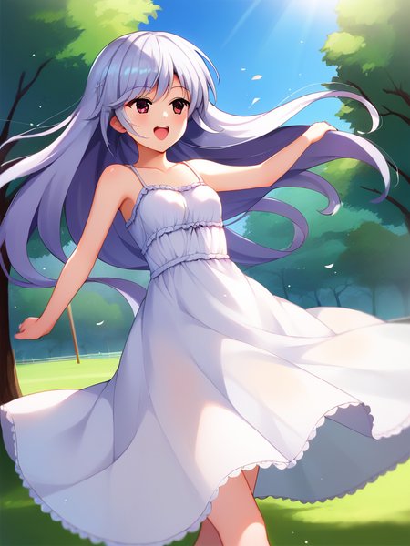 <lora:Kazuki FF 5:0.8> kzk, silver hair, long hair, red eyes, small breasts, sundress, 
running, park background, from back, from below, see-through silhouette, wind, happy, looking away, cowbay shot,, masterpiece,best quality, highly detailed, score_9, score_8_up, score_7_up, score_6_up,source_Anime,