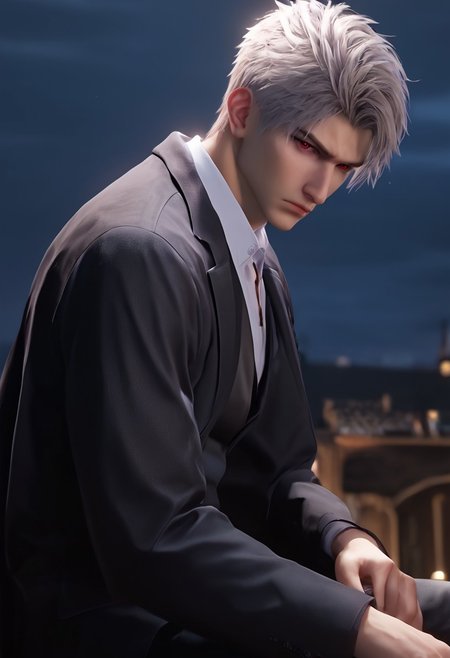1boy, solo, male focus, toned male, Sylus_(Love_and_Deepspace), Sylus, Qinche, White hair, Red eyes, pale skin, detailed eyes, satisfaction, satisfied, neutral, sad looking,
dark theme, night, intense shadow, intimidating, chest close to viewer, dark light, no light, dark out, shadow, 
(black coat over shoulder:1.1), white collar shirt, black vest, white collar shirt button, socks, wearing a tie, black pants, sweaty hair, long sleeves, modest clothing, looking at viewer, from side view,
sitting, front view, seductive, romantic
rating PG, score_9,score_8_up,score_7_up, source_anime, male focus, Muscular, big thigh, big thigh, big chest, hung, manly, tall, detailed eyebrow, sharp eyebrows, focus on thigh, hairy thigh, thigh focus, random view