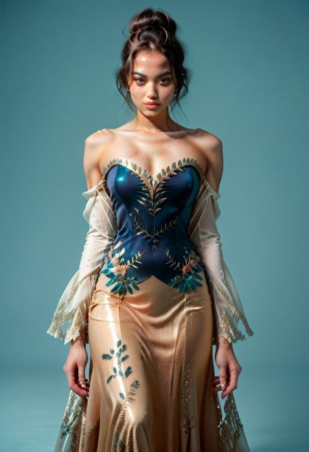 score_9, score_8_up, score_7_up, kebaya dress (long dress, skin tight, strapless, off shoulder, luxurious design),
pureerosface_v1, JDMAI_KEBAYA, JDMAI_ARIEL_SARI, 
(dynamic lighting), (dynamic shadow), 4k, HD, Hi res, cinematic masterpiece, photographic masterpieces, epiCPhoto,
Neat hair bun, professional makeup,
Portrait, upper body, alluring pose, 
(simple turquoise background), (blurry background), (sharp focus on object),