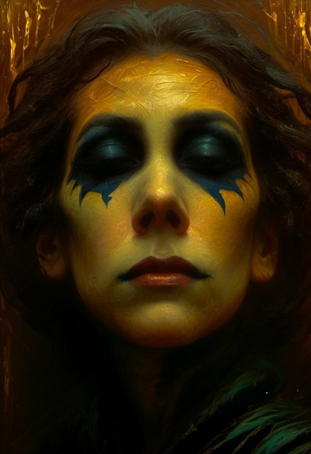 (((closeup painting))) of a female, crouched in an alley, harlequin makeup, tear streaked face, makeup running, brush strokes, impressionistic, (((dream the crow black dream))), horrifically captivating beauty, enticing the viewer closer, painted in style of clive barker, inspired with hellraiser like design, dark shot, shadows, dim light , dark light, red and black theme, cold city street, pouring rain, despair, revenge 
BREAK 
Dutch angle, unique perspective, dramatic lighting