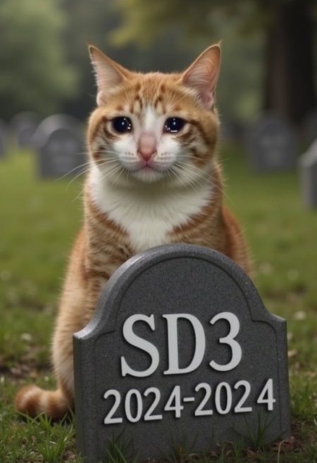 realistic photo of crying cat at a funeral, gravestone that says "SD3 2024-2024"