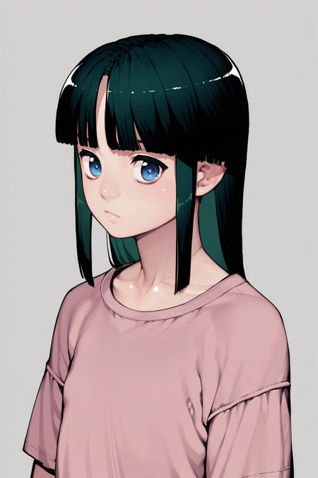score_9, score_8_up, score_7_up, 1girl, :D, dark green hair, round_fringe, dark blue eyes, flat chest, pink clothes, dim light <lora:Yoshikazu_Hamada_PonyXL_style_v01:1>