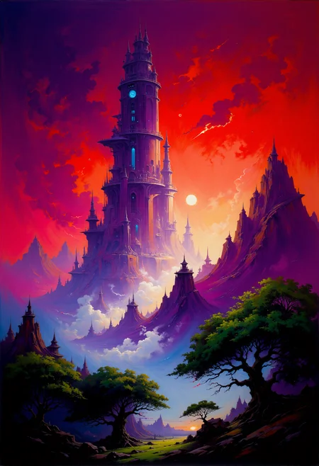expressive painting of a fantastical, futuristic cityscape. The scene is set in a surreal, otherworldly environment with a vibrant, gradient sky transitioning from deep purples and blues at the top to warm oranges and pinks near the horizon, suggesting a dramatic sunset or sunrise. The sky is filled with numerous meteors streaking downwards, adding to the fantastical atmosphere. A colossal, towering structure resembling a giant spaceship or megastructure dominates the center of the image. This structure, covered in intricate, glowing blue and white lights, is surrounded by a swirling vortex of mist or clouds. The structure's base is embedded in a mountainous landscape, with smaller, jagged peaks and valleys stretching out beneath it. In the foreground, lush, green trees with gnarled, ancient trunks and dense foliage are visible, adding a touch of natural contrast to the futuristic elements.
Bright Red hue and Pastel Orange tint, rough, visible brushstrokes, impasto, highly detailed, vibrant color palette, atmospheric haze, highly dramatic lighting.
<lora:articp01_epoch_13:1>