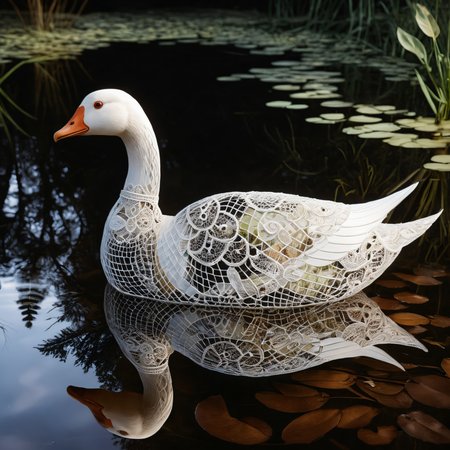 transparent translucent goose made out of lace fabric in a pond, artistic, hyperrealistic, hyperdetailed, intricate, amazing depth, dlrs, broken surface, open, see through brocade lace, hypermaximalism masterwork by head of prompt engineering  <lora:add-detail-xl:4>