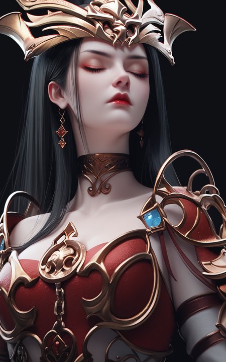 score_9,score_8_up,score_7_up,
<lora:MedusaPonyT:1>,
MedusaQueen,1girl,solo,black background,closed eyes,black hair,armor,facing viewer,long hair,closed mouth,upper body,choker,shoulder armor,pale skin,red lips,hair ornament,