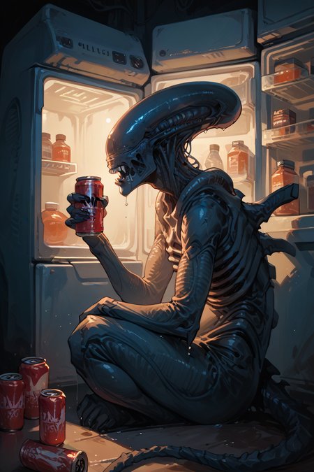 score_9,score_8_up,score_7_up,rating_safe
dof,led light from top,indoor,dof,
source_cartoon, , masterpiece, best quality,
<lora:sdxl_lightning_8step_lora:1>
side view, Horror science fiction movie, blue theme, solemn atmosphere, wet, drooling,fangs, metallic luster,
,alien (franchise), xenomorph, sitting, <lora:xenomorph_pdxl:1>,fat body,bloated figure,
round figure, <lora:fr1dg3XLP:1>,bottle, fr1dg3, open fridge, solo, night, can,