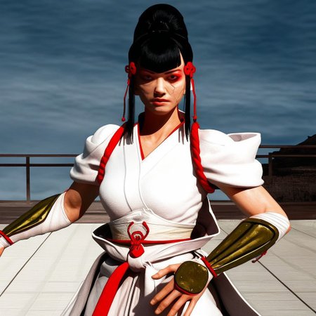 cinematic film still, saturated colors, negative space, 
1 adult woman, 
TKNKZMI, black hair, blunt bangs, 

(breaking bad style), face of Marie Schrader, (solo female focus), 
red eyeshadow, sidelocks, hair ornament, hair bun, white kimono, arm guards,

leading lines, 
backdrop is DOJO, scenery,