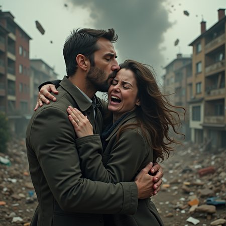 A man and a woman embrace each other. The woman is crying and terrified. The world around them is crumbling into a black hole. There are buildings being sucked up into the sky and debris flying all around them. The scene is sad and chaotic with a sense of impending doom, realistic. The wind is blowing everything around them.