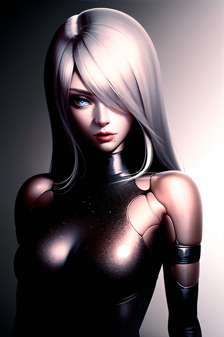yorha type a no. 2,

1girl, android, bare shoulders, blue eyes, fog, hair over one eye, joints, light particles, long hair, mole, mole under mouth, one eye covered, portrait, robot joints, shadow, solo, white hair

robot, robot joints, mechanical parts, highres,

<lora:yorha_type_a_noDOT_2:0.7>