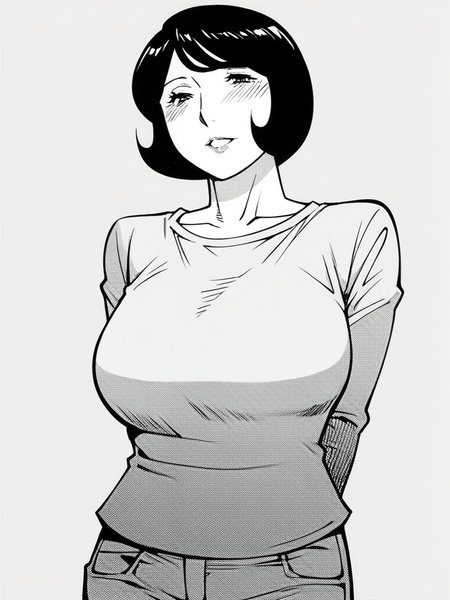 score_9, score_8_up, score_7_up,  
1girl, monochrome, mitsuko tk, mature female, short hair, black hair, bob cut, large breasts,

t-shirt, long sleeves, jeans, smile, narrowed eyes, arms behind back, looking at viewer, parted lips, blush,
white background, solo,