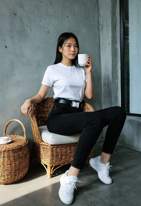 sfw RAW photo (by photographer Alessio Albi:1.1),
tall japanese chinese korean female asian woman, ultra-detailed selfie photo, black t-shirt, oversized t-shirt, long shirt, black jeans, sitting on wicker chair, white belt, contrapposto, fit, shadow,  reflection surface, holding cup,  sunrays from side window, sunlight, daylight, against wall, facing viewer, white airpods, concrete floor, hand on own hip, looking at viewer, 
dutch angle, grey walls, from side, sideways glance, sneakers,
<lora:add_ADXL:1> <lora:hand 5.5:1> <lora:spo:1> <lora:SPO-SDXL_4k-p_10ep_LoCon:1>