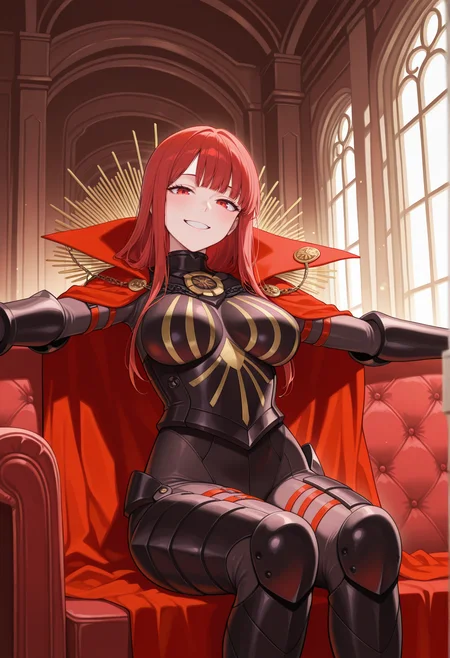 1girl, mature female, long hair, blunt bangs, red hair, red eyes, bodysuit, armored bodysuit, cape,  figure four sitting, outstretched arms, relaxing, couch, indoors, mansion, smile, grin, teeth, looking at viewer  <lora:nobunaga_illus:1>, masterpiece, best quality, amazing quality, very aesthetic, absurdres, highres, newest