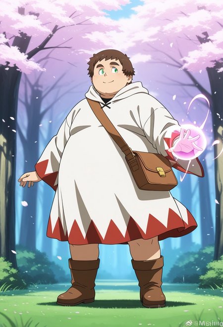 male, male focus, human, 
BREAK chubby, masculine, large pectorals, moobs, broad shoulders, showing off chubby body, cherubic, bara, 
BREAK Biscuit_Griffon, fat, plump, brown_short_hair, fat face, round face, smiling and showing off chubby body,
BREAK green eyes, 
BREAK v-neck white mage robe with hood down,  
BREAK brown boots, brown shoulder bag, 
BREAK golden magic, magic swirling around feet, wind_lift, 
BREAK standing, dynamic pose, casting magic stance, Expressive, cherry blossoms falling around character, forest background, standing on grass, 
BREAK cinematic shot, masterpiece hi res, best quality, very detailed, highly detailed texture, score_9, score_8_up, score_7_up, score_6_up, anime coloring, detailed anime shading, eyeshd, anime eyes, anime hair,