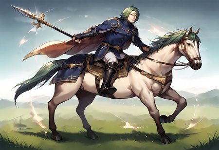 score_9,score_8_up,score_7_up,best quality,masterpiece,super detailed,extreme detailed,full_body,zPDXL BREAK (nature:1.1),(field:1.1),
<lora:Pony_DetailV2.0:1> BREAK Cavalier,grobe,cape,horse,horseback riding,holding spear,<lora:Cavalier-v2-pony:0.9>,fighting stance,charging forward,serious BREAK setethFE,beard,circlet,uniform,cape,white pants,belt,black boots,<lora:SetethFE-pdxl-bsinky-v1:1>,