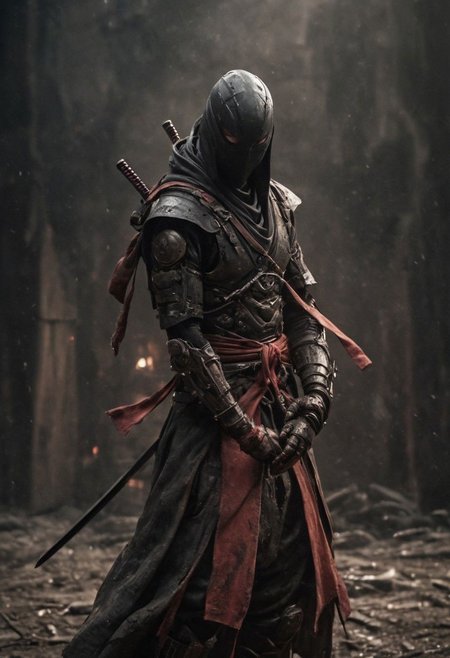Super Closeup Portrait, Craft a compelling story inspired by the dystopian scene depicted in the photo, showcasing a blindfolded shinobi skillfully wielding swords to intercept brilliantly colored blades cascading from above. Explore the stark contrast between the ominous, dystopian backdrop and the vibrant, transparent blades in descent. Dive into the emotions, obstacles, and enigmatic ambiance conveyed by this distinctive scenario. very detailed, light red backlight, raw photo, photorealistic, high detailed 
atmospheric haze, Film grain, cinematic film still, shallow depth of field, highly detailed, high budget, cinemascope, moody, epic, OverallDetail, gorgeous, 2000s vintage RAW photo, photorealistic, candid camera, color graded cinematic, eye catchlights, atmospheric lighting, skin pores, imperfections, natural, shallow dof