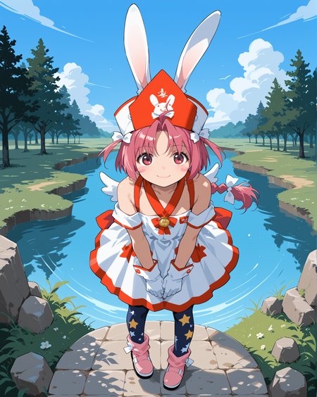 PonyScores7, source_anime, ah1, 1girl, lips, bad-hands-5, <lora:xl_more_art-full_v1:0.2>, <lora:shinyskin2:0.2> glistening skin, <lora:aesthetic_anime_v1s:0.2>, <lora:Expressive_H:0.2> Expressiveh, <lora:hairdetailpxl:0.2> hairdetailpxl, <lora:EpicF4nta5yXL:0.2>, <lora:detailxl:0.2> detailxl, <lora:Fant5yP0ny:0.2>, best quality, amazing quality, best aesthetic, absurdres, <lora:expressive eyes:0.2> expressive eyes, <lora:eyedetailpxl:0.2> eyedetailpxl, illustration, Volumetric_Lighting, ultra-detailed, very aesthetic, intricate details, 8k, masterpiece, best_quality, (crazy_smile), (Aerial view medium Close shot (focus on head)), (an ancient lake, with dark waters, ancient stones, twisted trees, a sense of deep history), (Posing with arms folded across the chest, looking serious,), <lora:Eyes_High_Definition:0.3> EyesHD, looking at viewer,  Stable_Yogis_PDXL_Positives, AS-Adult, <lora:nakahara_komugi_pony_v1:0.8> nakahara_komugi, pink hair,hat, animal ears, braid, pink eyes, ahoge, long hair, rabbit ears, wings, star print, jewelry, star (symbol), dress, white gloves, stickers, zettai ryouiki, print thighhighs, winged footwear,