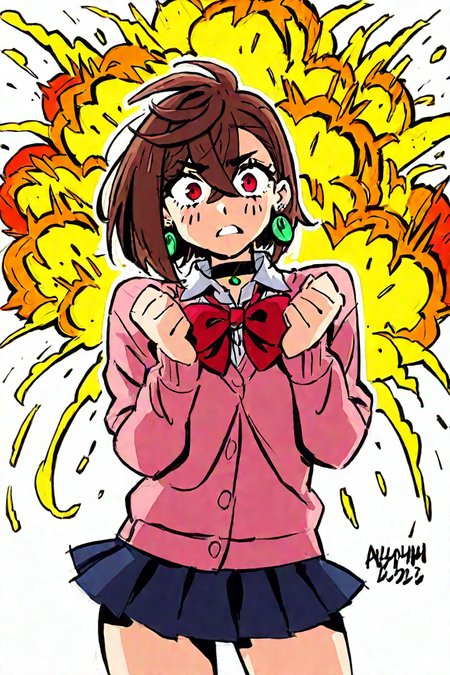 <lora:ayase_momo-koto-Illustrious v01:0.5> ayasemomo, hair between eyes, crossed bangs, green earrings,  brown hair, red eyes, black choker, short hair, white shirt, red bowtie,pleated skirt,school uniform, pink cardigan, long sleeves, 1girl, solo, alone, <lora:comic_drawing_style_illustriousXL:1>, comic_drawing_style, ufo, explosion, shocked face, masterpiece, highres, white background