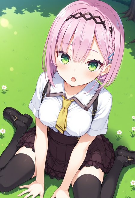 1girl, aaamane, pink hair, short hair, braid, hairband, hair ornament, hairclip, green eyes, fang, breasts, school uniform, yellow necktie, white shirt, short sleeves, suspender skirt, brown skirt, black thighhighs, <lora:tanikaze_amane_ilxl_v1:0.9>, sitting, on floor, wariza, outdoors, grass, black footwear, :o,
masterpiece, best quality, amazing quality,