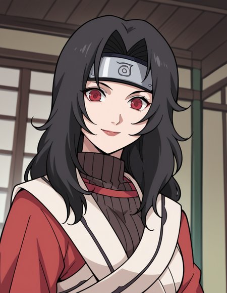 score_9, score_8_up, score_7_up, source_anime, <lora:kurenai-yuhi-s1s2-ponyxl-lora-nochekaiser:1>, kurenai yuhi, long hair, black hair, red eyes, parted bangs, mature female, large breasts,, sidelocks, single hair bun, forehead protector, japanese clothes, sweater, ribbed sweater, turtleneck, long sleeves, sash,, indoors, smile, looking at viewer, solo,, cowboy shot, dutch angle