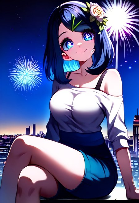 score_9, score_8_up, score_7_up,source_anime, jvdaniang, planet size, 1girl, Liko_(Pokemon), black_hair, blue_eyes, medium_hair, cowlick, hairclip, symbol-shaped pupils, eyelashes, hair flower, shirt, white shirt, collarbone, off shoulder, bra strap, shorts, blue shorts, large breasts, Surreal night scene, stars, sitting, city floor, sitting on city floor, bend over, crossed legs, looking down, in city, facial expression, kind, smile, head tilt, soft eyes, dreamlike atmosphere, fireworks, glowing edges, mystical, high contrast, ethereal light, side view, gl0w, glow, Extreme Size Difference, gradient eyes, beautiful detailed eyes, high gradient eyes, detailed eyes, high definition eyes, downward view, low-angle of viewer, low angle, left side position, growing even larger,