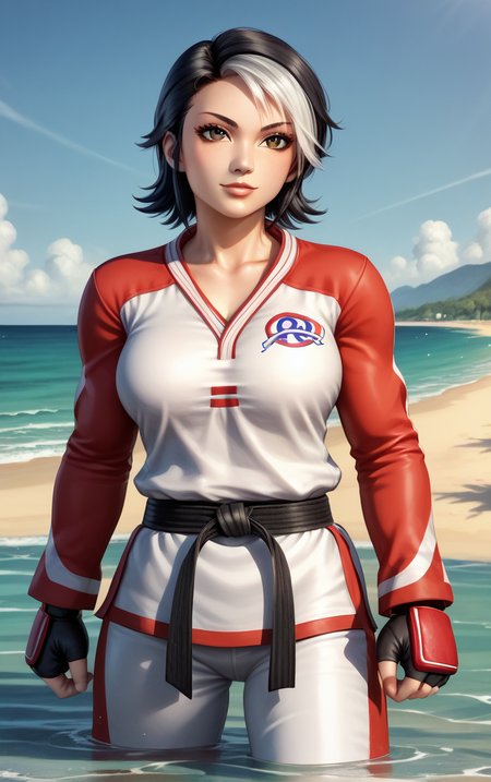 score_9, score_8_up, score_7_up, BREAK 
RedDougi_ChaeLim_ownwaifu, 
1girl, black hair, breasts, medium breasts, two-tone hair, white hair, brown eyes, short hair
black belt, dougi, martial arts belt, multicolored clothes, belt, fingerless gloves, gloves, long sleeves, raglan sleeves, 
(wading, beach), head tilt, sidelighting, ocean, sky, water, caustics, cowboy shot, <lora:PONYXL_GAME_KOF_ChaeLim_ownwaifu:0.8> , depth of field, solo,