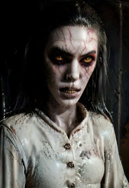 score_9, score_8_up, score_7_up, score_6_up, source_real, source_photo, a 3/4 three-quarters length portrait, WitcherToxinV1 , heavytoxin, veins, black veins, veins, 1girl, deadite woman , female deep one, valak, source_real, source_photo, in the style of the Exorcist movie, exorcist style, a possessed woman, bloodless lips, valak, Body horror, pale body, yellow eyes, long black hair, grey skin, black veins, monster, scary, paranormal, pale, black veins, long tangled black hair, teeth, hands on hips, front view, very pale skin, very pale grimy filthy skin, evil smile, demonic possession. Evil smile, a possessed woman,, yellow eyes, large breasts, hands by side, floating in mid-air, floating above ground, stained filthy white open old-fashioned stained filthy tattered nightgown, stained filthy basic Victorian nightgown, long nightgown,long sleeves, black pupils,  red lighting, bedroom with peeling wallpaper, horror, scary face, monstrous, evil, claws, red lighting, Expressiveh, g0thicPXL, glowing, neon,, zPDXL2, exorcist style