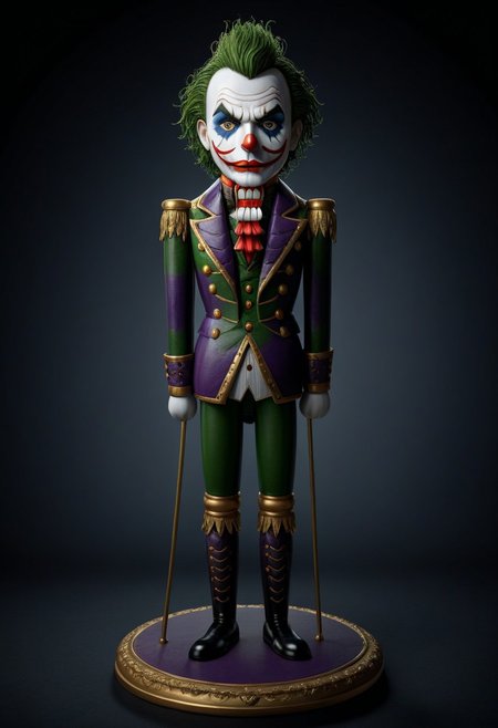(Joker nutcracker PEJoker, high quality, HD, full body, dramatic lighting, cinematic composition, detailed, intense eyes, concept art, trending on ArtStation, (dark, evening, (vignette)))