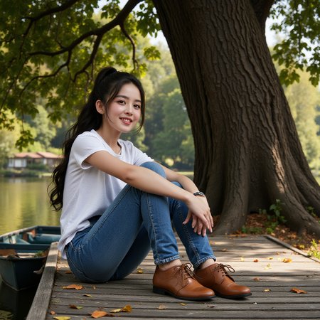 profession photograph  still a gorgeous, teenager sitting on a bench on a dock next to a lake,  t-shirt and jeans, leather shoe, cute teenager smiles, pony hair,  under the shade of a old giant tree, falling autumn leaf.  rustic old house, broken windows, broken boats,  reflects from the lake water,  detail attention to the eye and face, gorgeous.
 <lora:fluxenhancer:1>  <lora:Gulnazar_Flux_rank16_bf16:1>