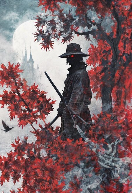 silhouette of a The Hunter in the city of Yharnam, Bloodborne, glowing eyes, t-shirt design, dark magic splash, gothic, Halloween, burnt orange gradient, magic, nature, clean background, magic splash, 3D vector art, fantasy art, watercolor effect, bokeh, Adobe Illustrator, hand-drawn, digital painting, soft lighting, isometric style, retro aesthetic, 4K resolution, using Cinema 4D, natural lighting, cinematic, masterpiece, highly detailed, intricate, extreme textures, horror, terryfying, creepy, Scary  <lora:EpicF4nta5yXL:0.8>,linquivera,  Ink illustration, (anime:0.5), brown tones, aged black red paper,Acer japonicum, inkpunk, surreal,  (at a distance), Will-o'-the-wisp, The city is in the background,moonlit, lonely, solitude, windy, tall trees, samurai sword fight, OverallDetail,Bonsai, bamboo grove,extremely detailed, UHD,(long exposure ,Radiant licorice, Red Japanese maples,dystopian but extremely beautiful:1.4),<lora:- SDXL - letitflrsh_let_it_flourish_V1.0:0.8> ,<lora:Cute_Collectible:1>, <lora:XL_boss_battle:0.6>  <lora:add-detail-xl:1>,  <lora:Concept Art Twilight Style SDXL_LoRA_Pony Diffusion V6 XL:1>,  <lora:MJ52:1>,CyberCity, (blue:1.3)，（red:1.4）,（yellow:1.2）,(harbor:1.3), (ship:1.2), neon lights, scenery, chinese_building, outdoors, road, night, sign, street, riot police, criminals,(bird eye view:1.2),
