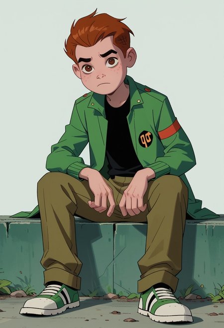 score_9, score_8_up, score_7_up, JimmyJonesOV, 1boy, solo, reddish-brown hair, reddish-brown eyes, green jacket, black shirt, olive green pants, black and white shoes