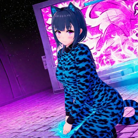 Vapor Wave, Futaba, Anime Art Style, High Quality, High Resolution, Sharp, High Resolution Eyes, Full Body, High-Definition Fantasy Background Cat Girl