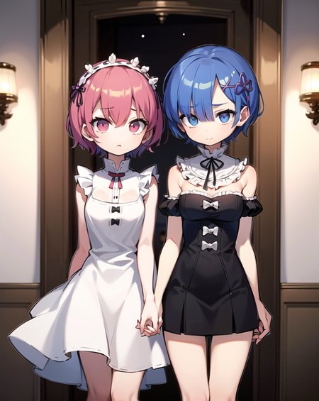 masterpiece, best quality, ultra-detailed, illustration, epic lighting, cinematic composition, colorful, (2girls:1.2), rem_\(re:zero\), ram_\(re:zero\) with red eyes, holding hands, (short hair, hair over one eye:1.2), twins, blue eyes, red eyes, (looking at viewer:1.2), surprised, shock, scared, afraid, white maid outfit, indoors, mansion, room, cowboy shot, (extremely detailed CG:1.2), (8k:1.1)