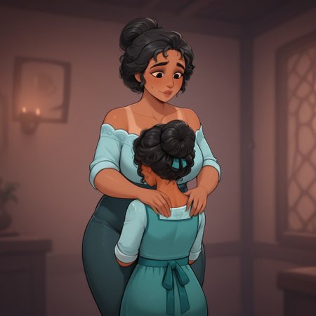 Julieta,1girl,tanned skin,curly black hair tied in a bun
Larger female, size difference, height difference,